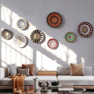 Panier mural rond en bambou tressé Art Déco, thème plantes/fleurs colorées, ensemble de décoration <span class=keywords><strong>murale</strong></span> - Product Image 1