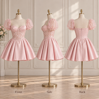 Robe Courte Femme Personnalisée en Satin et Tulle Broderie Florale Bordure Perles Manches Bouffantes Corsage Évasé pour Occasions Spéciales