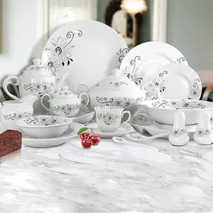 YDY factory dinnerware set round shape flower custom decal design white porcelain 63pcs wholesale ceramic dinner set luxury