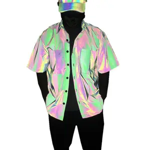 Reflective Shirts for Men Short Sleeve Shirt Street Hip Hop Punk Blouse Man Vintage Casual Rainbow Reflective Clothing