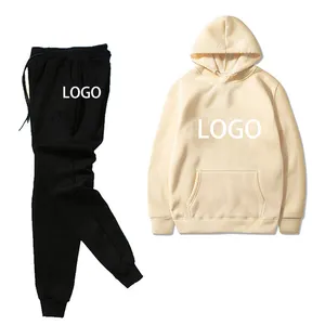 Özel Logo boş kazak eşofman Hoodie ile pamuk düz Slim Fit eşofman takımları giyim erkek Joggers takım elbise seti