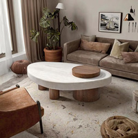 Table basse en marbre avec base en bois massif, table centrale de canapés de salon avec table à thé en pierre de travertin