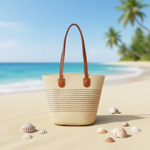 Sac cabas en paille Angelina 38x14x28cm, rayé, en herbe naturelle, sac de plage pour femme, usage estival - Product Image 2