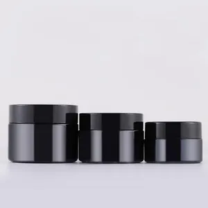 Wholesale cosmetic cream empty round containers 20 grams 30 ml 50 g glossy black glass jar with lid