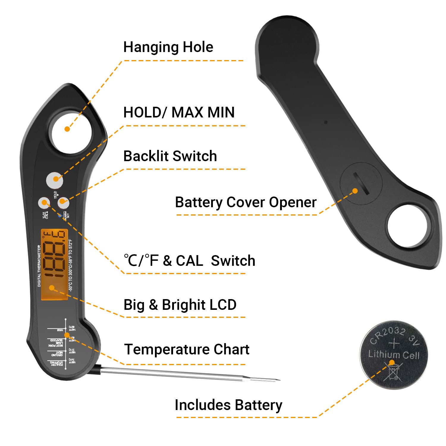 Meat Thermometer Instant Read Oven Safe 2 in 1 Dual Probe Digital Food Thermometer with Alarm Backlight