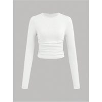 Camiseta Corta Ajustada de Manga Larga con Cuello Redondo y Fruncido para Niñas, Color Blanco Liso, Estilo Casual, Colección 2026
