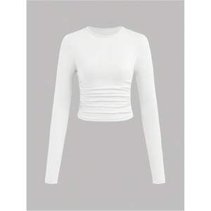T-shirt court à manches longues froncé pour filles, col rond, coupe ajustée, blanc, décontracté - Product Image 1