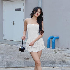 Robe Courte Romantique Française en Dentelle Épaules Dénudées pour Femme, en Tissu Jacquard, Taille Cintrée, Robe à Volants Superposés, Élégante et Légère pour Soirée - Product Image 6