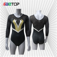 Justaucorps de gymnastique noir à manches 3/4 avec feuille d'or et strass intégraux en forme de V, combinaison de compétition personnalisée pour filles, uniforme de performance
