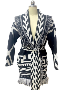 Nuovo Design Autunno Inverno <span class=keywords><strong>Cardigan</strong></span> Classico da Donna in Jacquard Geometrico <span class=keywords><strong>Bianco</strong></span> <span class=keywords><strong>e</strong></span> <span class=keywords><strong>Nero</strong></span> con Cintura - Product Image 6