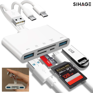Hub USB-C 5-en-1 avec lecteur de mémoire et de cartes SD, prise en charge de la caméra, adaptateur USB OTG compatible avec les téléphones mobiles <span class=keywords><strong>iPhone</strong></span>/iPad, protection intégrée - Product Image 1