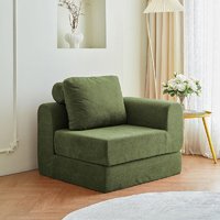 Sillón Moderno Cuadrado Tapizado en Tela Verde, Sofá de Una Plaza para Sala de Estar, Silla Seccional Comprimida