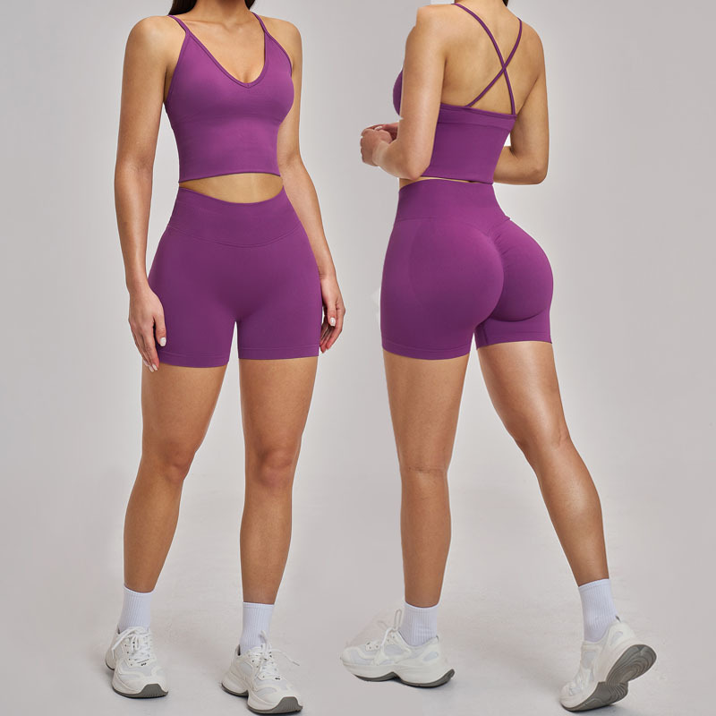 Private Label Slim Fit Women Seamless Yoga Set Cross Strap Tank Top High Waist Butt Lift Shorts Fitness Sports Active Gym Set