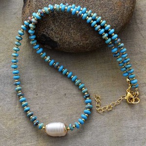 Collier en pierres naturelles, perles bleu ciel et blanches, bijoux unisexes, cadeau, origine Jinhua - Product Image 1