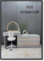 Coiffeuse moderne avec plateau en cristal, miroir LED et grand coffre de rangement, ensemble de table de maquillage avec tabouret pour la vente en gros