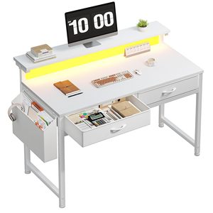 Bureau d'ordinateur à domicile SENYU 31 pouces avec 2 tiroirs et éclairage LED, support d'écran latéral, table d'étude et d'écriture pour petit espace - Product Image 1