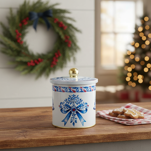 Boîte de rangement alimentaire en métal avec poignée à bouton, motif de guirlande festive Casse-Noisette bleu, 120x132 mm, Décoration de Noël classique - Product Image 3