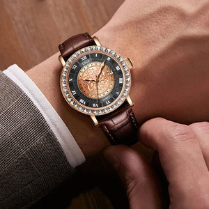 Montre pour homme en cuir marron et noir avec diamants, 42 mm, date luminescente, chronographe à quartz, résistance à l'eau 3 BAR, style professionnel simple - Product Image 6