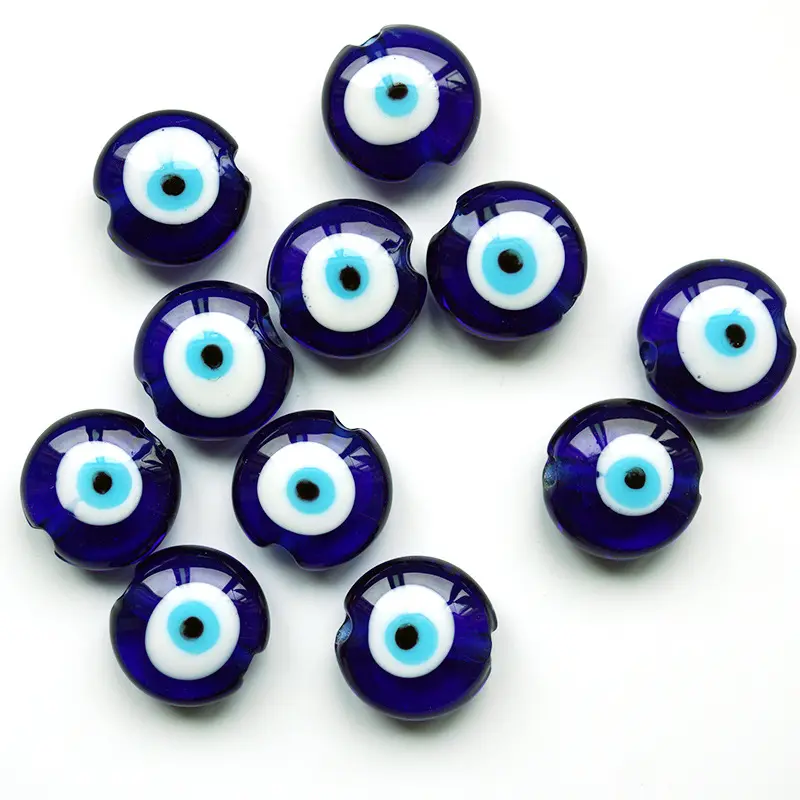 Evil Eye Beads Navy Blue Glass Turkish Evil Eye Spacer Beads Handmade Flat Round Lampwork Beads for Jewelry Making