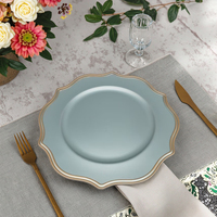 Assiette de présentation exclusive en plastique PP de 13 pouces, motif végétal fait main, bord doré, turquoise, pour dîner, mariage, fête, vente en gros