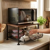 Étagère de rangement robuste pour comptoir avec panier en fil métallique, organisateur de bar à café en bois rustique à 2 niveaux, vente en gros OEM