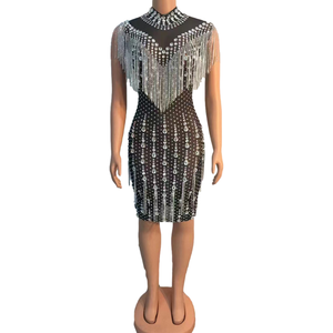 Déguisement scintillant sexy, en argent, décolleté plongeant en V, strass, extensible, bar, discothèque, chanteur, danse, compétition <span class=keywords><strong>de</strong></span> danse moderne, avec pompon - Product Image 1