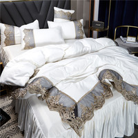 Parure de lit en coton brossé avec broderie en dentelle de soie lavée, design tendance, housse de couette et drap en polyester – Offre spéciale