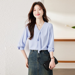 Women's Blue Chiffon Shirt Long Sleeve V-Neck Wrap <b>Tie</b> Work Blouse Solid Color <b>Polyester</b> Fabric - Product Image 1