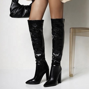 Reflective High Quality PU Upper Slip-on Big Size 43 Women Over Knee High <b>Boots</b> Chunky Heel Lady Pointed Toe Thigh High Booties - Product Image 2