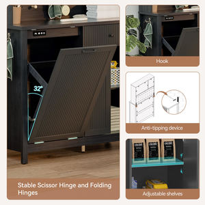 خزانة بوفيه لغرفة المعيشة مع محطة شحن ورفوف، خزانة بوفيه مع حاوية للنفايات ورف لزجاجات النبيذ - Product Image 3