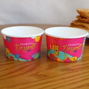 Gobelet en papier jetable personnalisé à paroi simple, imprimé logo rouge, noir et rose, avec couvercle dôme, pour crème glacée à emporter – Vente en gros - Product Image 3