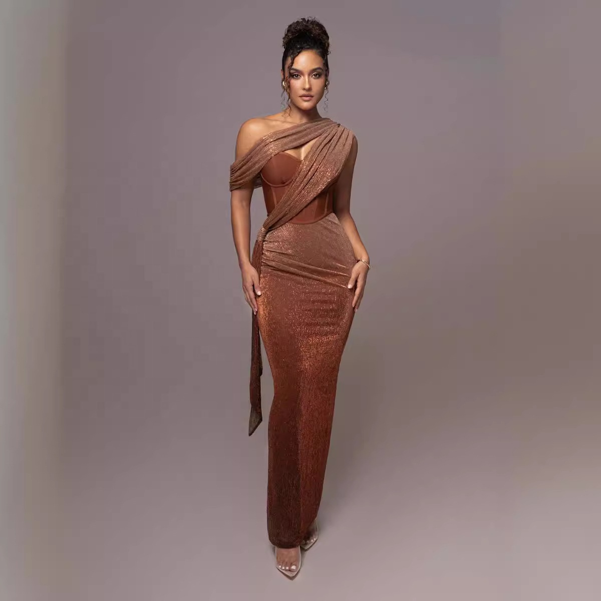 dsw brown dress shoes womens Burgundy and Gold Lace Maxi Dress with Open Back main image 0
