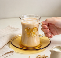 Tasse en verre borosilicate de haute qualité 175 ml, mug 3D jaune ambre avec poignée et soucoupe assortie, résistant à la chaleur pour café, thé, latte