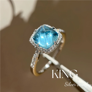 Anillo de Plata de Ley S925 con Baño de Oro, Diseño Geométrico, Color Azul Aguamarina, Joyería de Moda para Mujer, Sugar Tower - Product Image 1