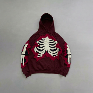 Sweat à capuche oversize en molleton 100% coton, rouge bordeaux, avec motif squelette et patchwork vieilli, qualité supérieure, pour hommes, vente en gros - Product Image 1