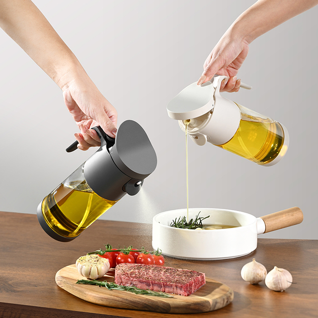 2 in 1 Oil Sprayer and Dispenser Bottle for Kitchen Cooking 550ml Glass Olive Oil Spray Mister Pourer Non Drip Dishwasher Safe
