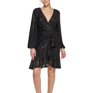 Evening OEM Wholesale Long Sleeve Black Sequin Irregular Hem V-Neck Sexy Evening Dress Women Party Dress