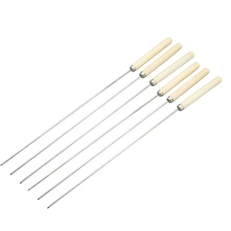 Zy190 atacado ferramentas para churrasco, vara reutilizável de agulha plana redonda, para acampamento ao ar livre, cabo de madeira, varas para churrasco