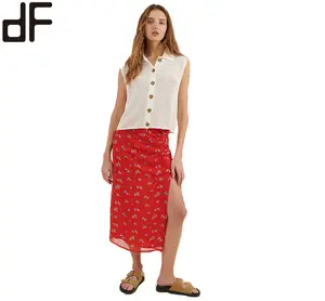 Day Look Moda Verano Mujer Ropa Cierre de cremallera Señoras Nuevo Estampado floral Falda MIDI roja con falda con abertura lateral