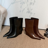 Bottes mi-mollet sexy à talon compensé et bout pointu pour femme, collection automne-hiver 2026, en cuir véritable, talons hauts, tailles 34-40