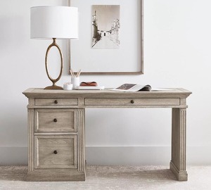 French Country <b>Solid</b> Oak Writing <b>Desk</b> Weathered Finish Traditional Home Office Pedestal <b>Desk</b> With 5 Storage Drawers - Product Image 2