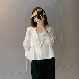 Elegante Blazer Corto Plisado Estilo Miyake para Mujer, Manga <span class=keywords><strong>Farol</strong></span> Única, Sin Arrugas, Transpirable, Informal, para Oficina, con Botones - Product Image 1