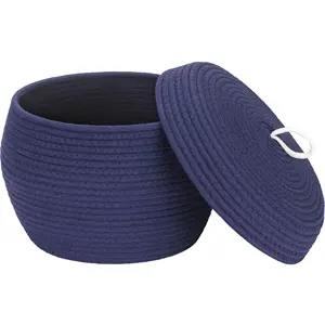 Paniers de petite taille de couleur bleu foncé pur petit panier de rangement en corde tissée avec couvercle panier de rangement de jouets en corde de coton