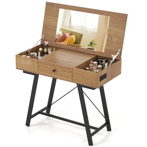 Table de maquillage moderne en bois avec miroir relevable, prise électrique intégrée, gestion des câbles, trous de rangement, bureau compact avec tiroirs - Product Image 1