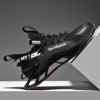 Chaussures de sport basses pour hommes en maille tricotée, semelle à lame creuse amortissante, style urbain, logo personnalisé, faible MOQ, noir et rouge