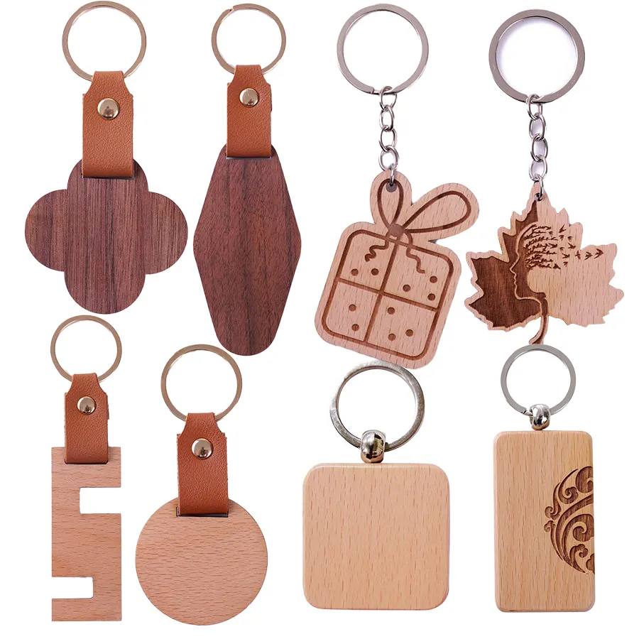 Custom Company Logo Blank Wood Wooden Key Chain Rings Design Keychains