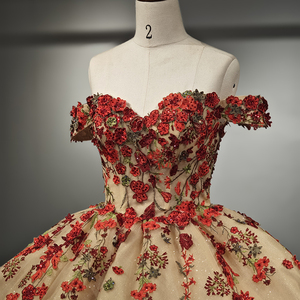 Vestido de Gala Rojo Moderno Vintage DY6662 con Encaje, Cristales y Flores Bordadas para Quinceañera - Product Image 2