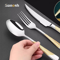 SANOSH Ensemble de couverts de luxe 4 pièces en acier inoxydable 304 martelé, finition miroir, argent et or, pour hôtel - Vente chaude