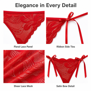 Slip da donna <span class=keywords><strong>in</strong></span> pizzo floreale con laccetti laterali, <span class=keywords><strong>perizoma</strong></span> a vita bassa <span class=keywords><strong>in</strong></span> rete trasparente con fiocco <span class=keywords><strong>in</strong></span> <span class=keywords><strong>raso</strong></span>, traspirante, sexy ed elegante - Product Image 3