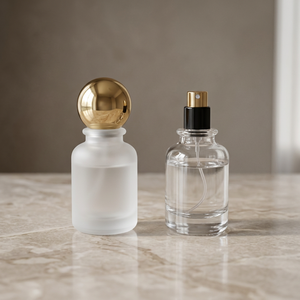 Flacon de parfum en verre givré avec pompe, bouchon personnalisé unique et luxueux, flacon de parfum avec bouchon métallique et vaporisateur. - Product Image 3